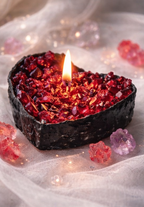 Handmade crystal candle, heart-shaped gemstone candle, soy and gel wax blend, red colored, luxury meditation gift, gold leaf home decor, rose quartz aesthetic candle.