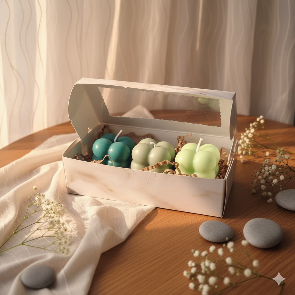 Three aesthetic bubble candles in shades of teal and sage green inside a gift box