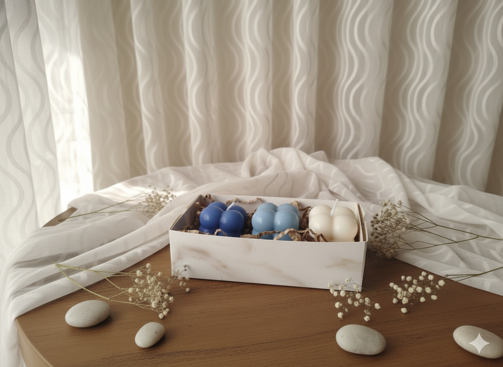 Blue and white bubble candle trio in a gift-ready box on a wooden table with zen stones.