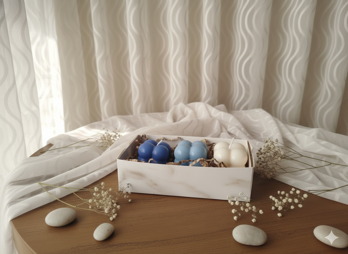 Blue and white bubble candle trio in a gift-ready box on a wooden table with zen stones.