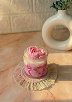 Crimson purple marble jar candle with a hand-carved dark red rose bloom topper made up of soy wax