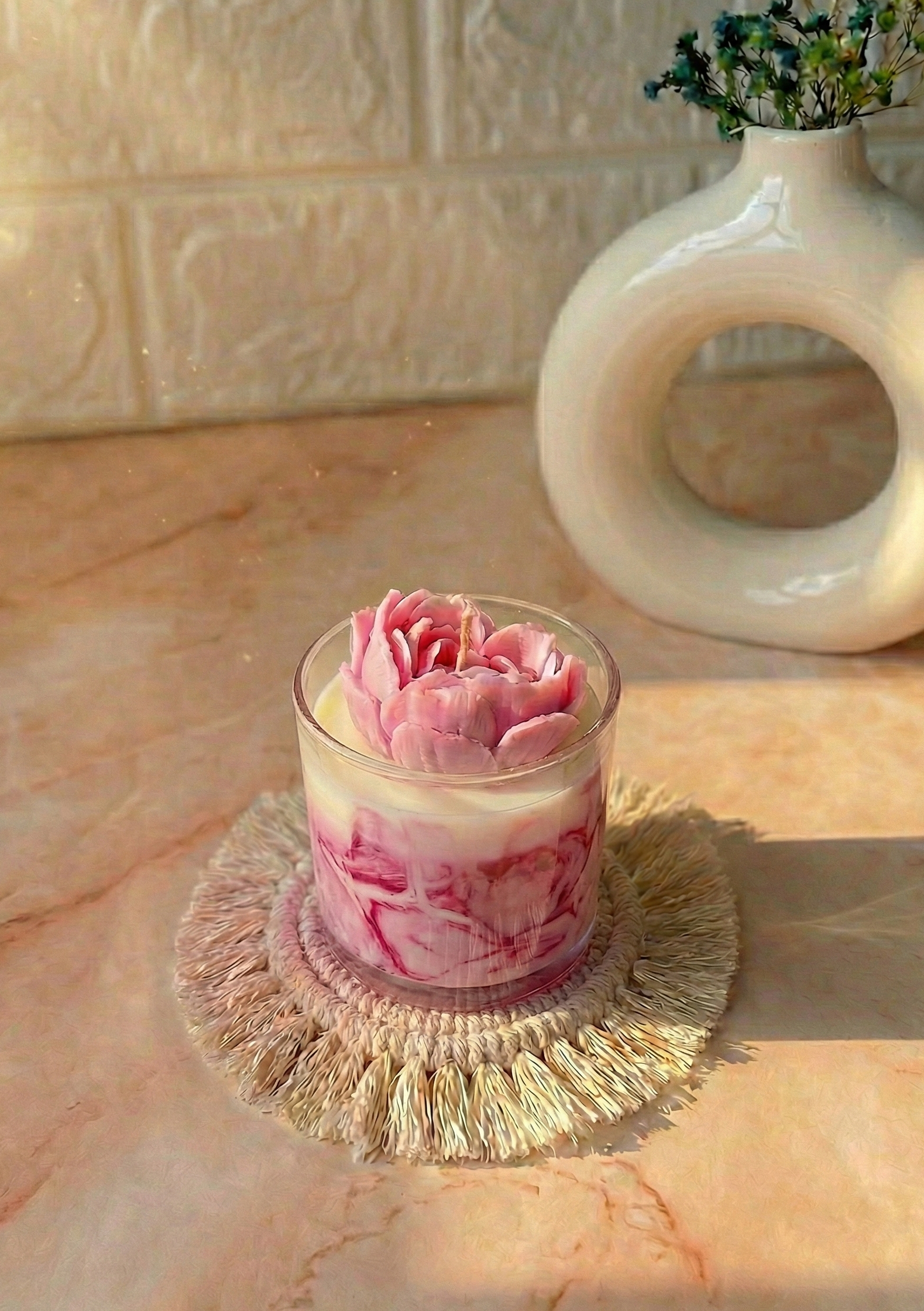 Crimson purple marble jar candle with a hand-carved dark red rose bloom topper made up of soy wax