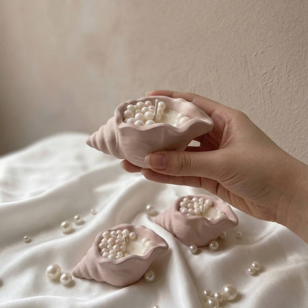 Hand holding a small aesthetic shell candle with shimmering wax pearls, luxury coastal home decor.