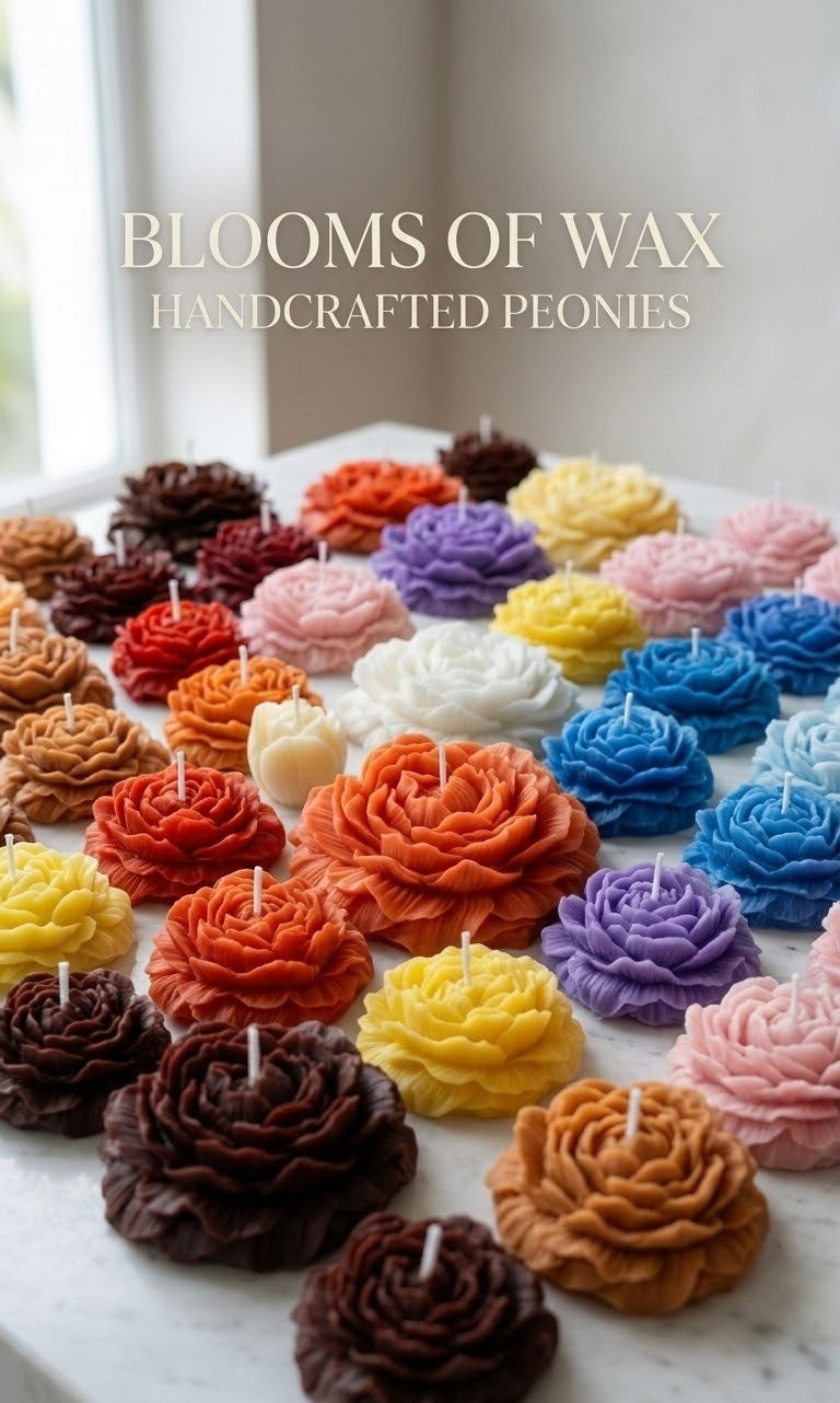 Hand-poured peony flower shaped candles in red, ivory, and multi-colour.