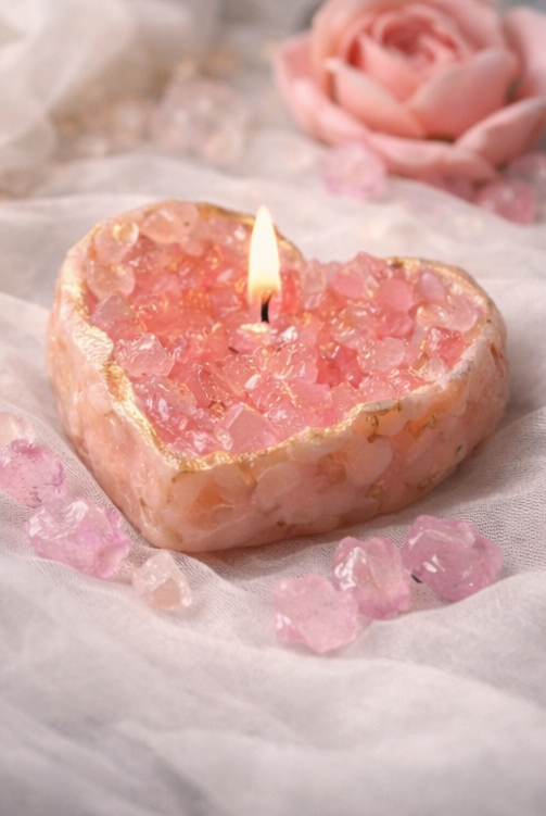 Handmade crystal candle, heart-shaped gemstone candle, beeswax and gel wax blend, luxury meditation gift, gold leaf home decor, rose quartz aesthetic candle.