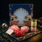 Luxury blue candle gift hamper box featuring traditional gold elephant motifs and royal Indian architecture design, standing vertically as a premium gift packaging option