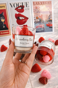 Handmade Strawberry Kiss jar candle with realistic wax strawberry toppings by Aranya Aroma.