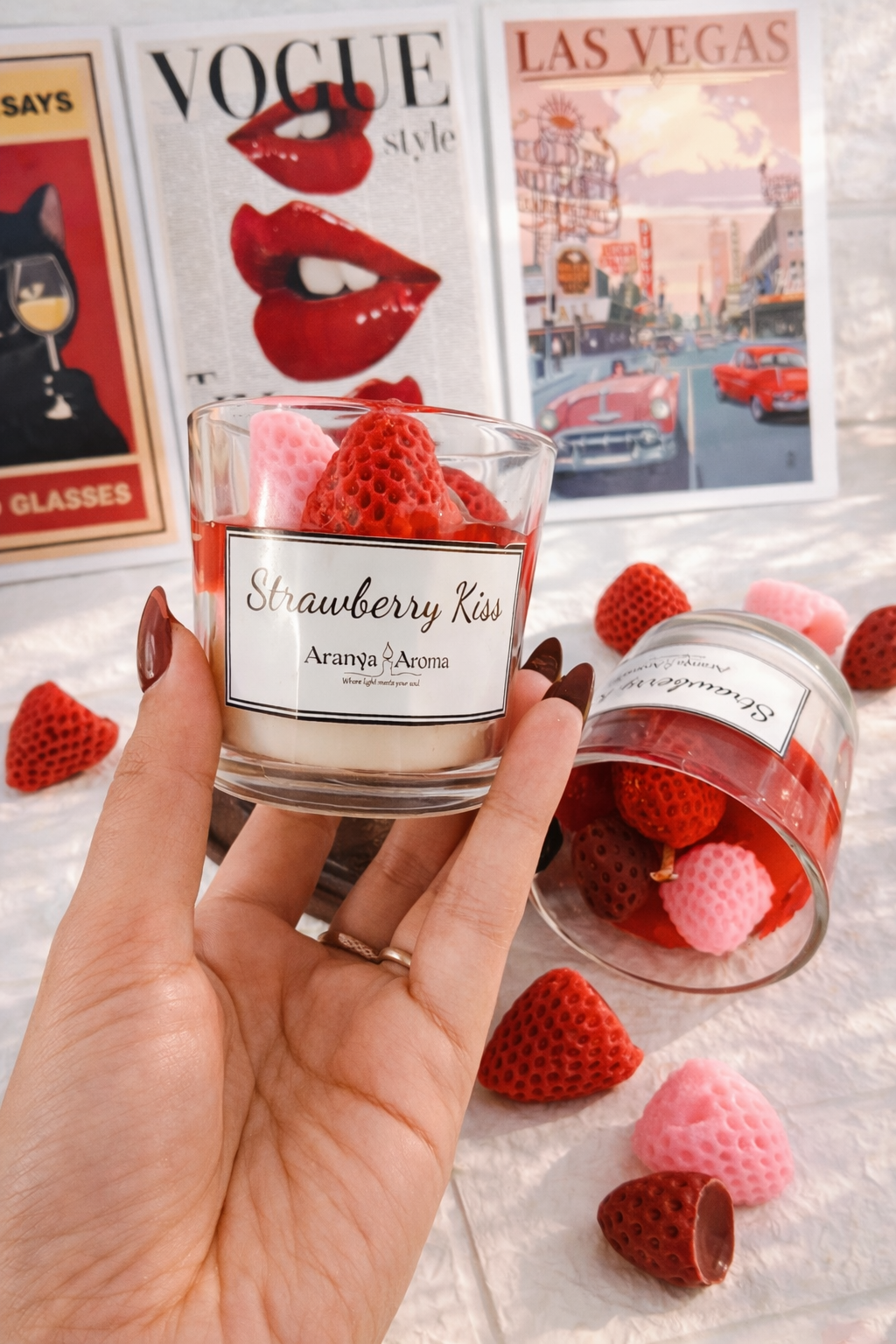 Handmade Strawberry Kiss jar candle with realistic wax strawberry toppings by Aranya Aroma.