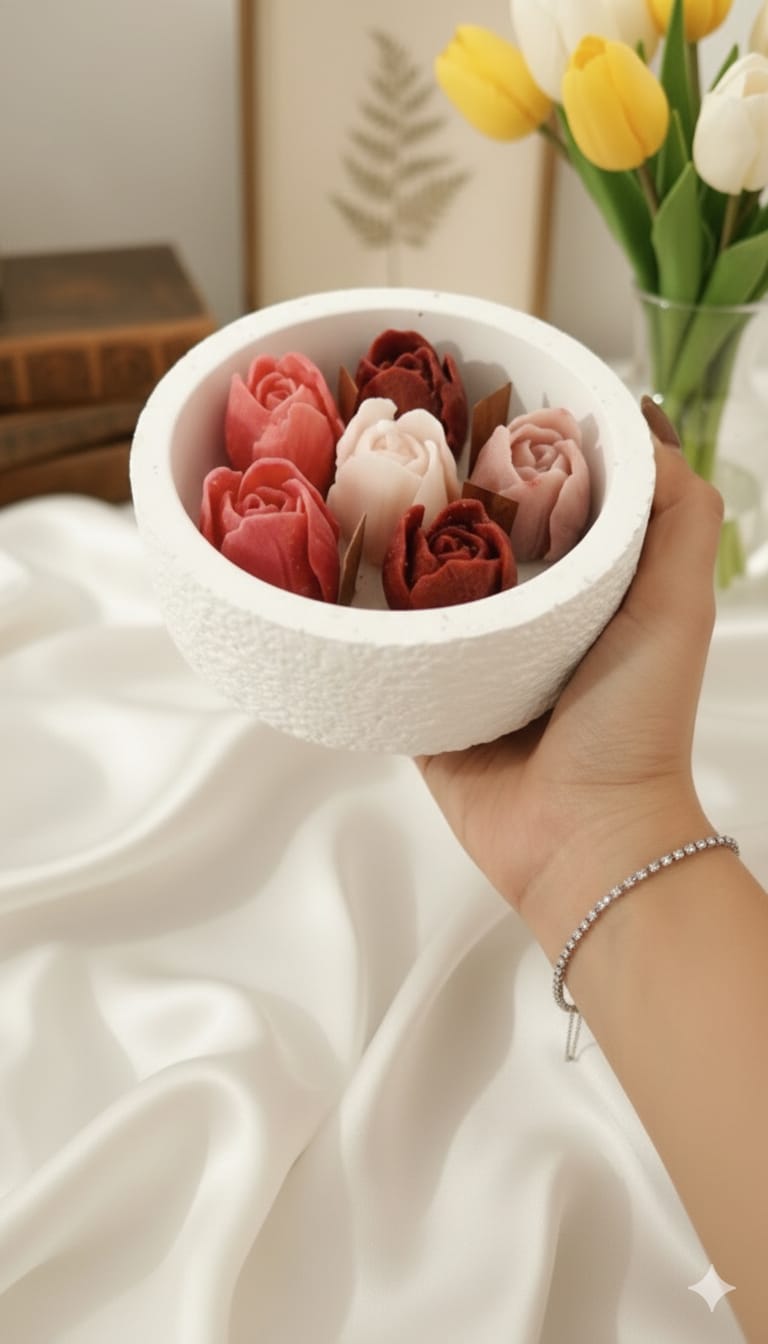 Close-up of a hand holding the Tulip Concrete Circle candle, showing the textured vessel and detailed wax rose and tulip blooms.